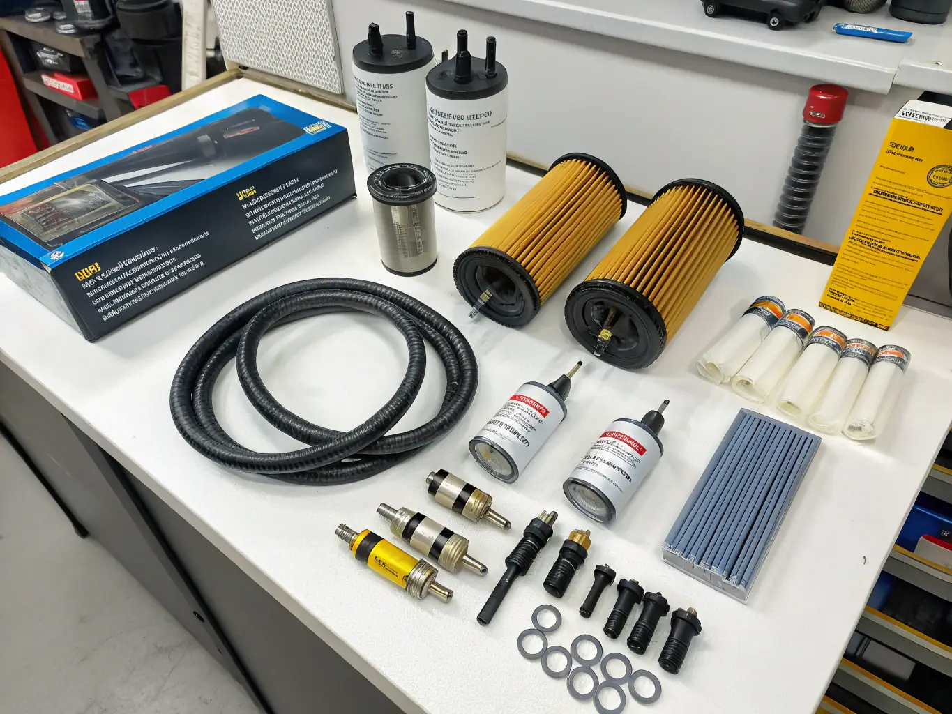 A close-up shot of various high-quality engine components, such as spark plugs, filters, and belts, neatly arranged on a workbench, symbolizing the reliability and performance GoodWay offers.