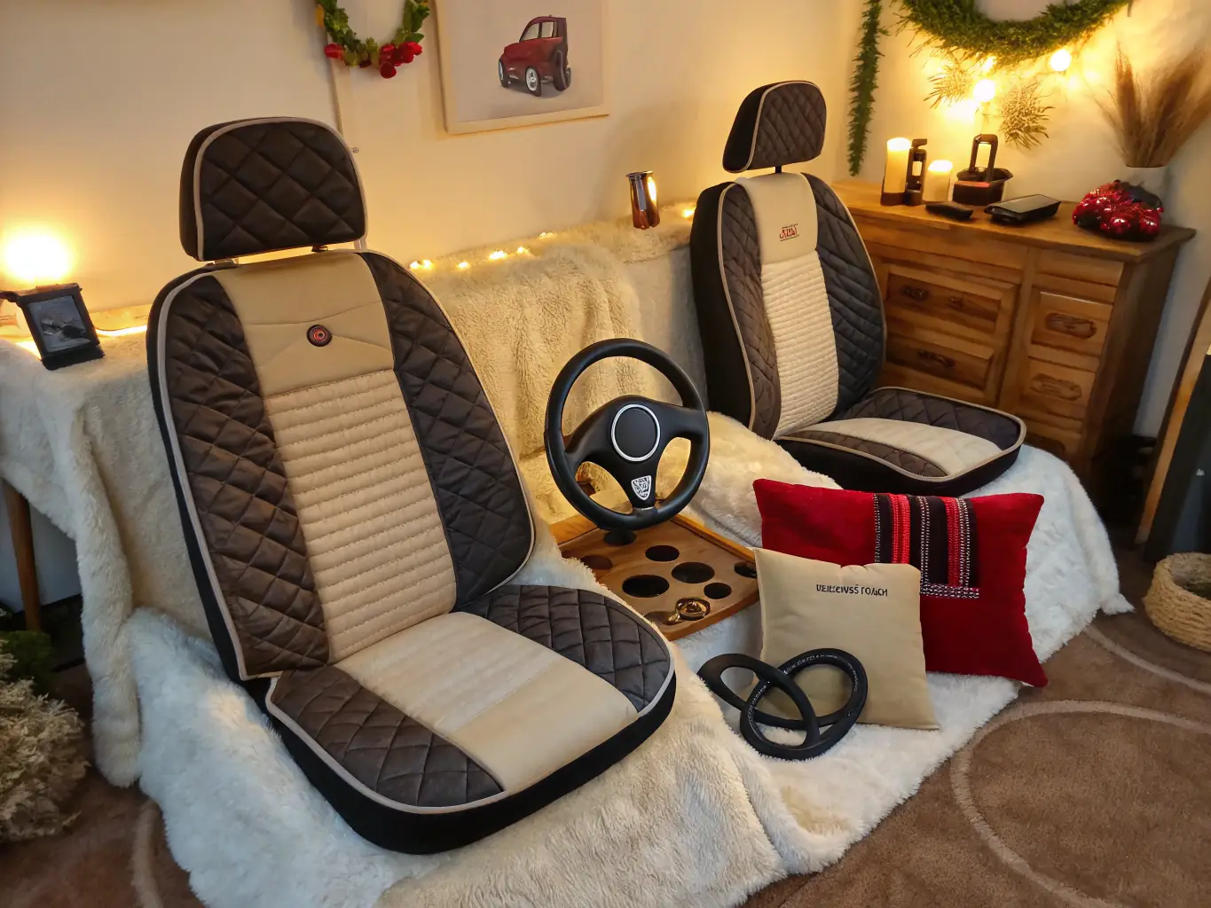 An assortment of car accessories, including floor mats, seat covers, and steering wheel covers, displayed in an attractive and accessible manner, highlighting the customization options available at GoodWay.