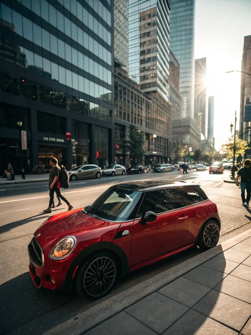 A professional photograph showcasing a compact car, ideal for city driving, parked in front of a modern building, representing GoodWay's economy car rental options.