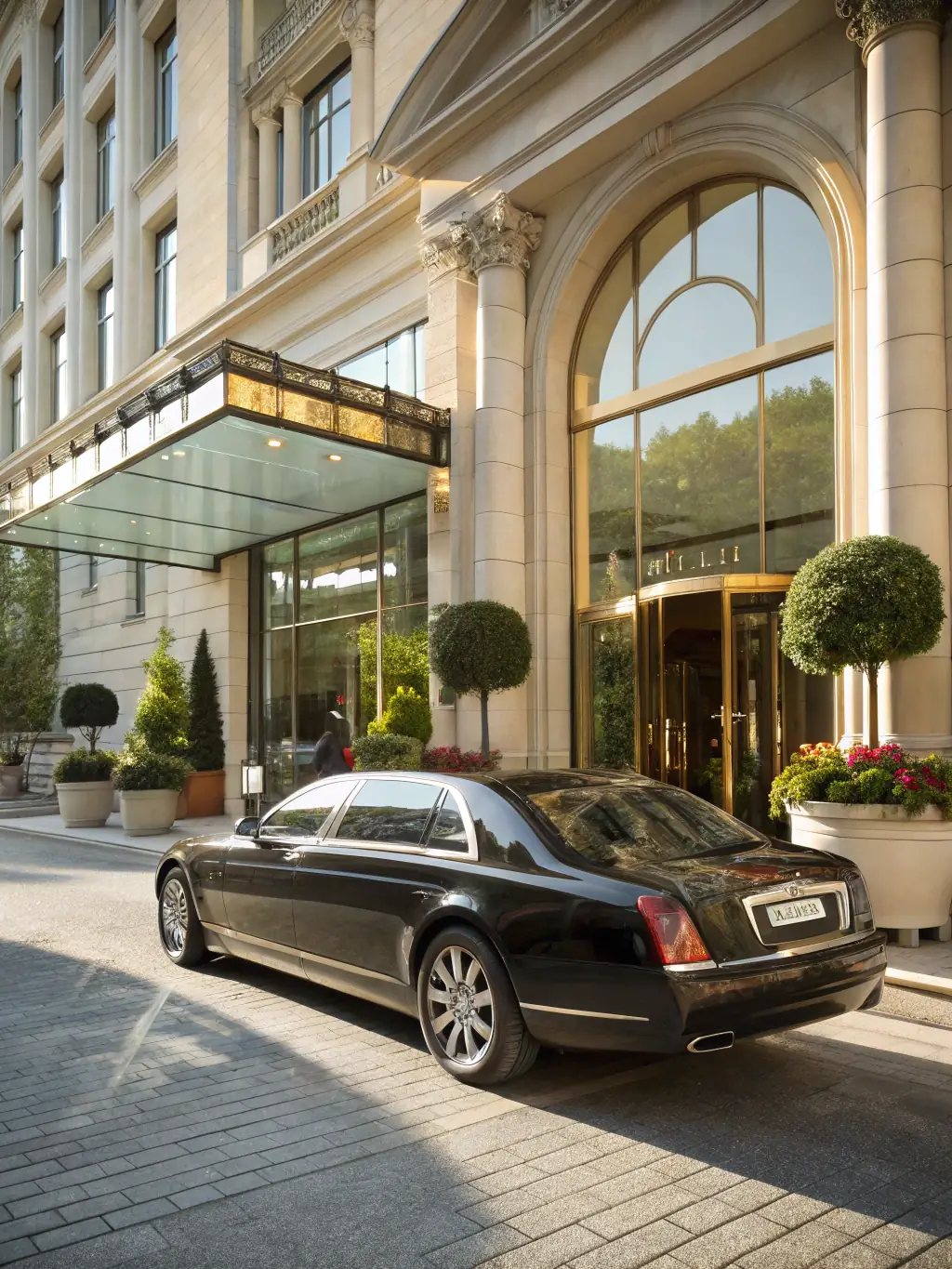 An attractive image of a luxury sedan, symbolizing comfort and style, parked in front of a high-end hotel, representing GoodWay's luxury car rental options.