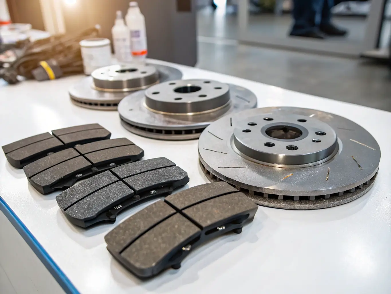 A well-organized display of brake pads, rotors, and calipers in a parts store setting, emphasizing the safety and reliability of GoodWay's brake system offerings.